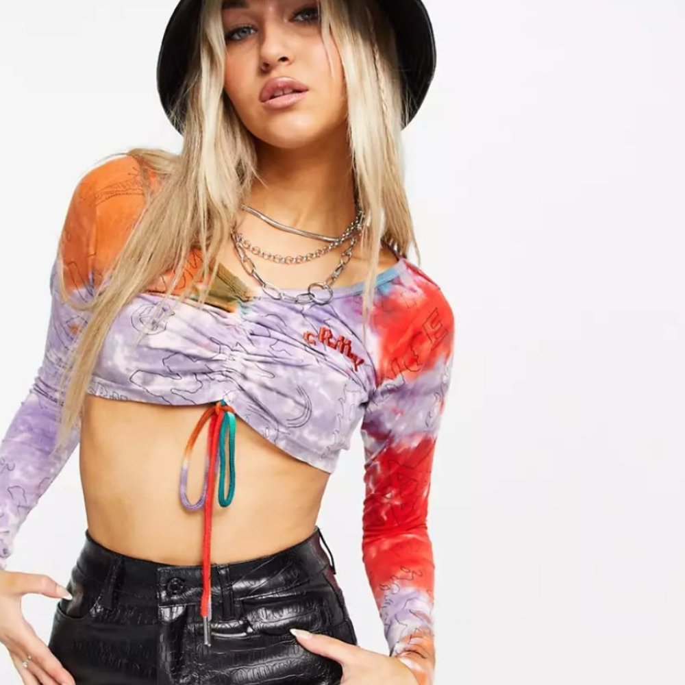 Grimey Festival ruched front tie dye long sleeve crop top